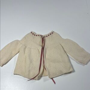 Vintage Handmade Cream Knit Baby Cardigan w Burgundy Ribbon About 3-6 mos